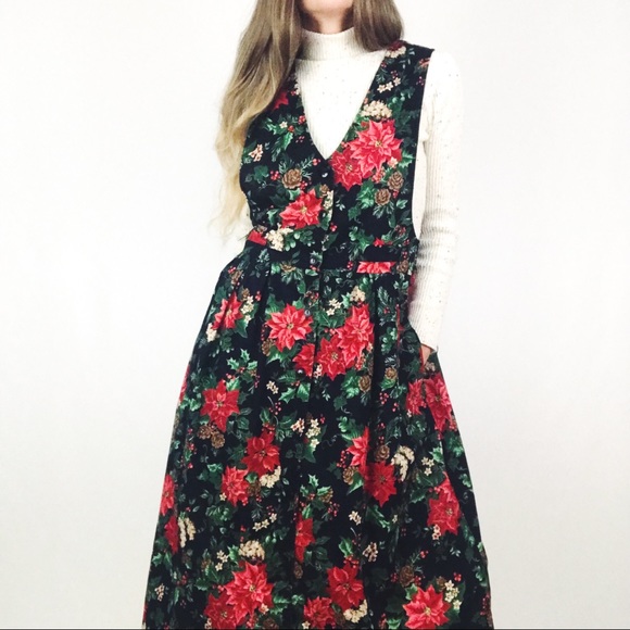Vintage Botanical Holiday Motif Pinafore Dress | Size M - Picture 2 of 15